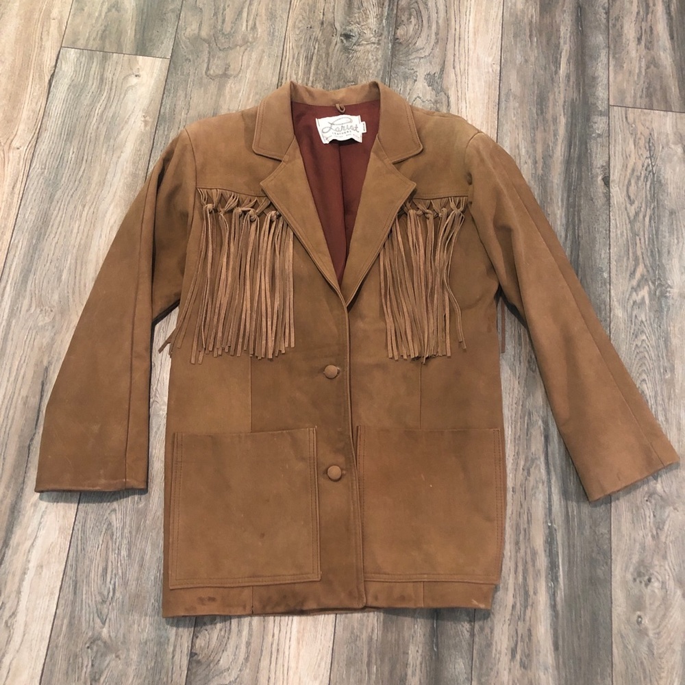 Vtg Lariat Western Leather Fringe Jacket Lined M